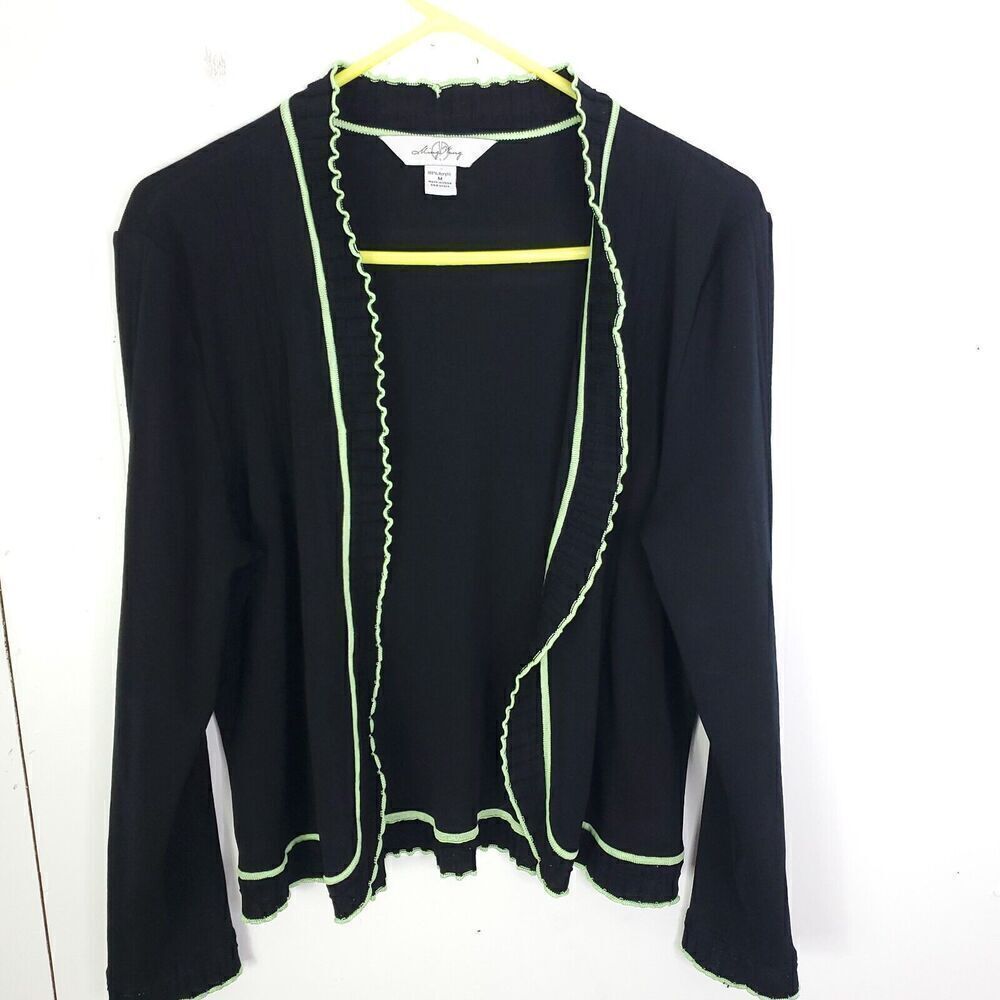 Ming Wang Sweater Womens M Acrylic Open Black Lime Trim Career Mature Modest